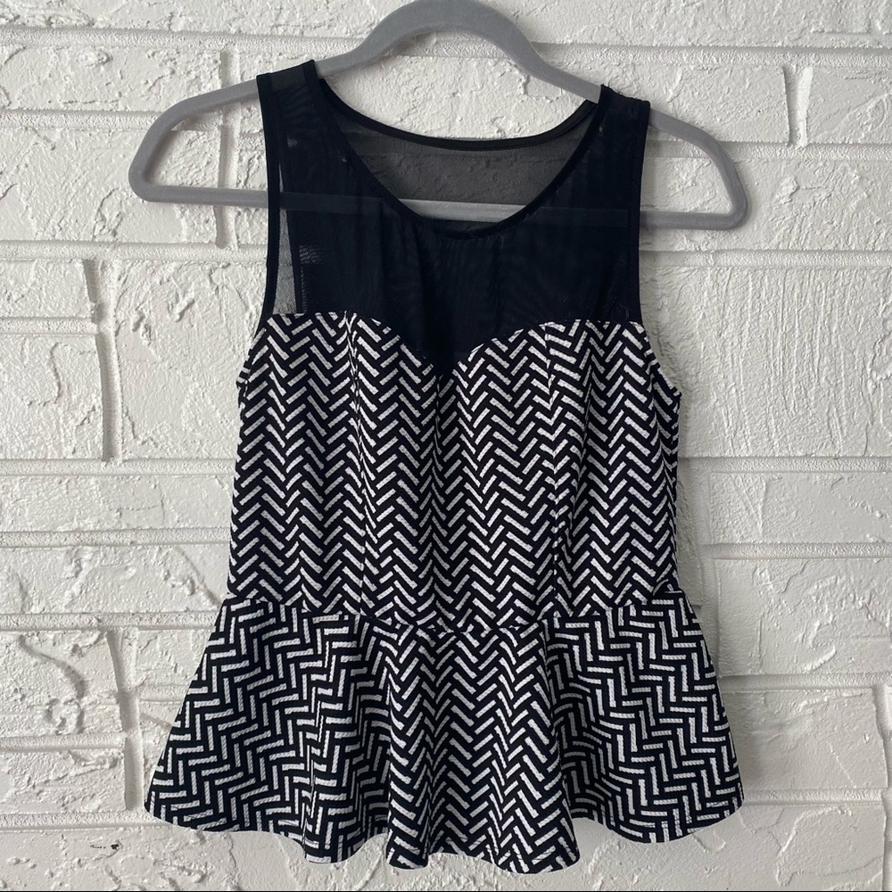 Material Girl - PEPLUM BUSTIER BLACK/WHITE STRIPED MESH TANK TOP - SIZE MEDIUM